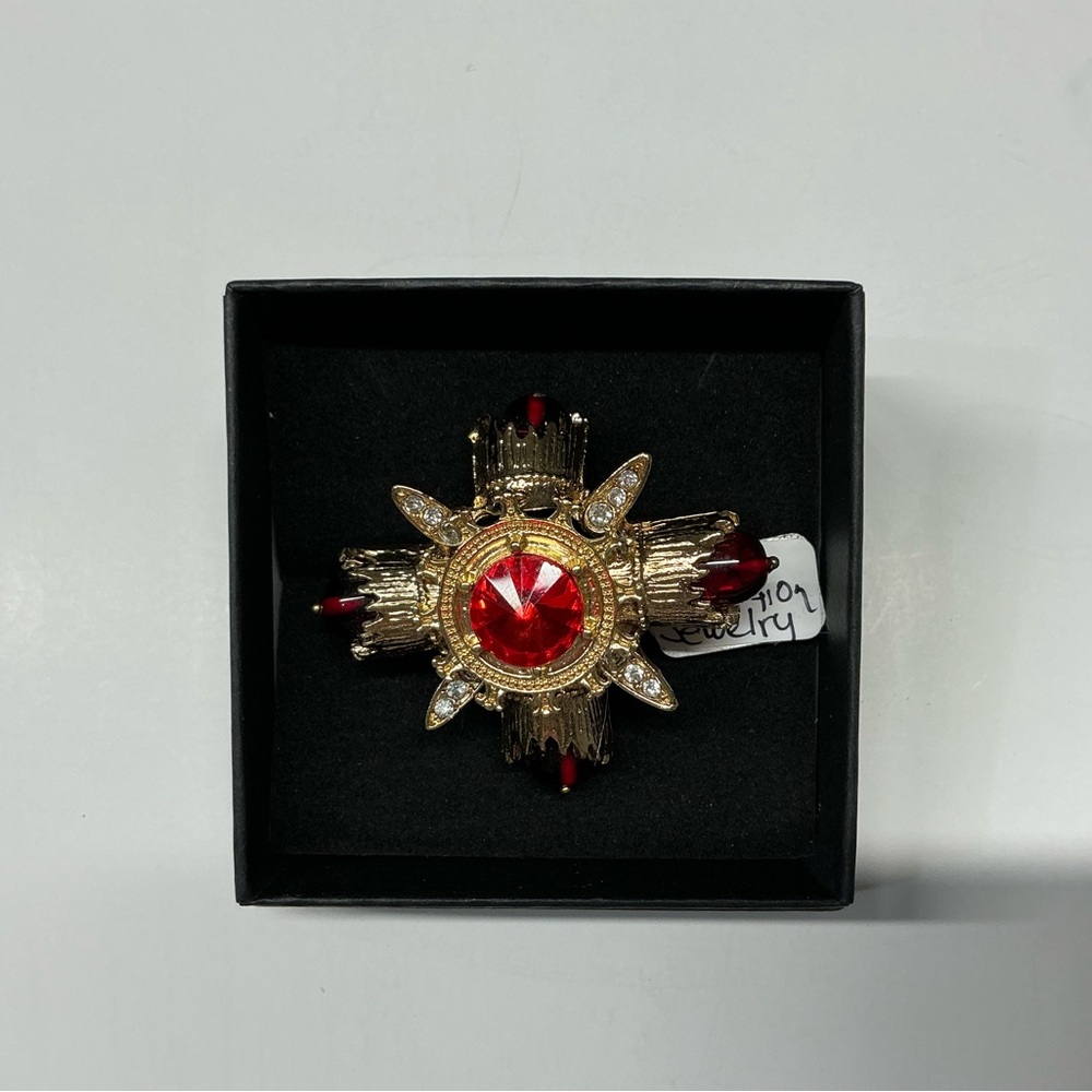 Vintage Red Rhinestone Maltese Cross Brooch Pin